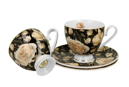DUO GOLDEN LINE 2er Set Tassen mit Untertassen 220 ml ENGLISH ROSES BLACK, New Bone China Porzellan – Bild 6