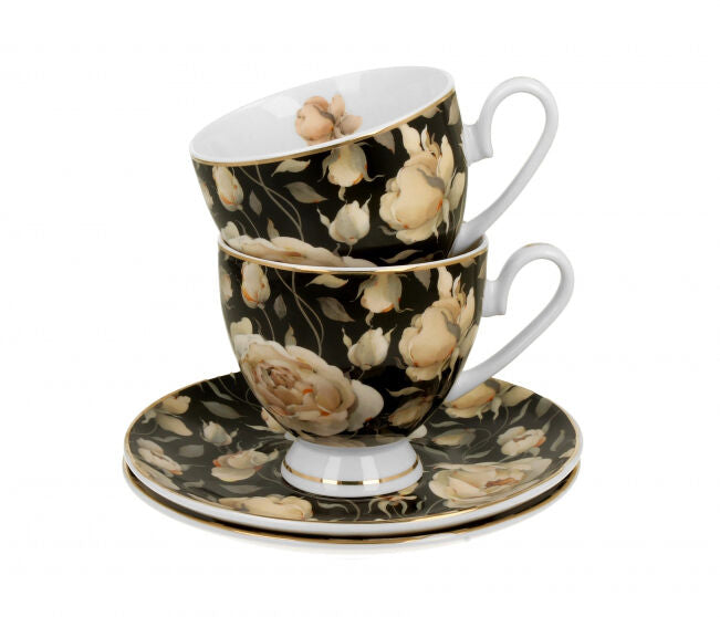 DUO GOLDEN LINE 2er Set Tassen mit Untertassen 220 ml ENGLISH ROSES BLACK, New Bone China Porzellan – Bild 2