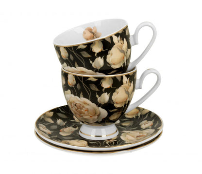 DUO GOLDEN LINE 2er Set Tassen mit Untertassen 220 ml ENGLISH ROSES BLACK, New Bone China Porzellan – Bild 2