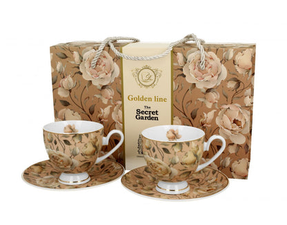 DUO GOLDEN LINE 2er Set Tassen mit Untertassen 220 ml ENGLISH ROSES CREAM, New Bone China Porzellan – Bild 4