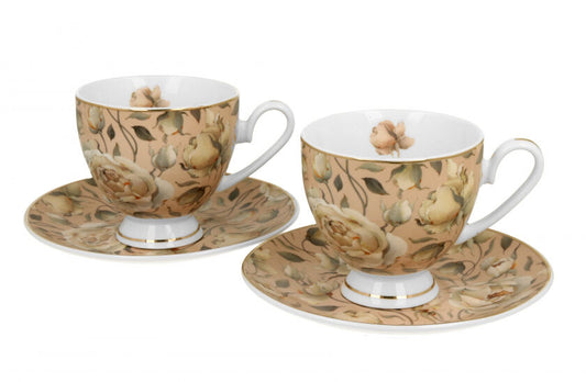 DUO GOLDEN LINE 2er Set Tassen mit Untertassen 220 ml ENGLISH ROSES CREAM, New Bone China Porzellan