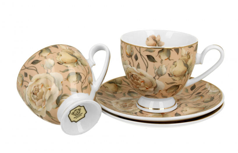 DUO GOLDEN LINE 2er Set Tassen mit Untertassen 220 ml ENGLISH ROSES CREAM, New Bone China Porzellan – Bild 2