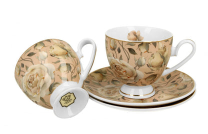 DUO GOLDEN LINE 2er Set Tassen mit Untertassen 220 ml ENGLISH ROSES CREAM, New Bone China Porzellan – Bild 2