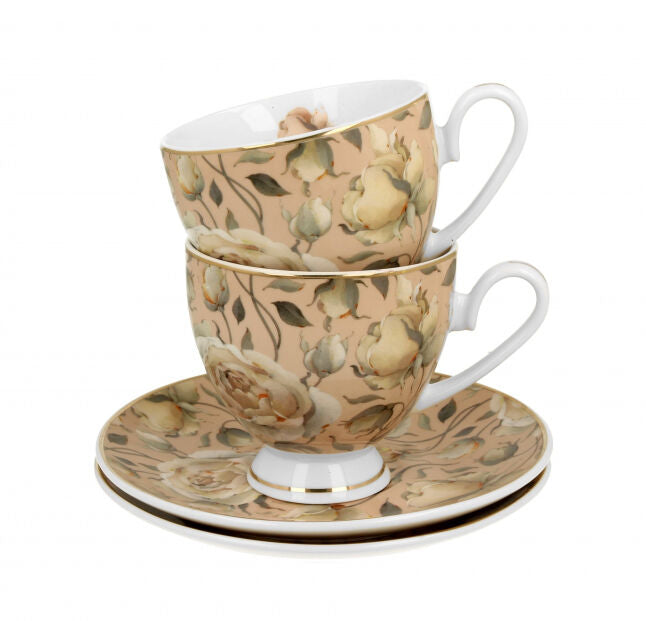DUO GOLDEN LINE 2er Set Tassen mit Untertassen 220 ml ENGLISH ROSES CREAM, New Bone China Porzellan – Bild 3