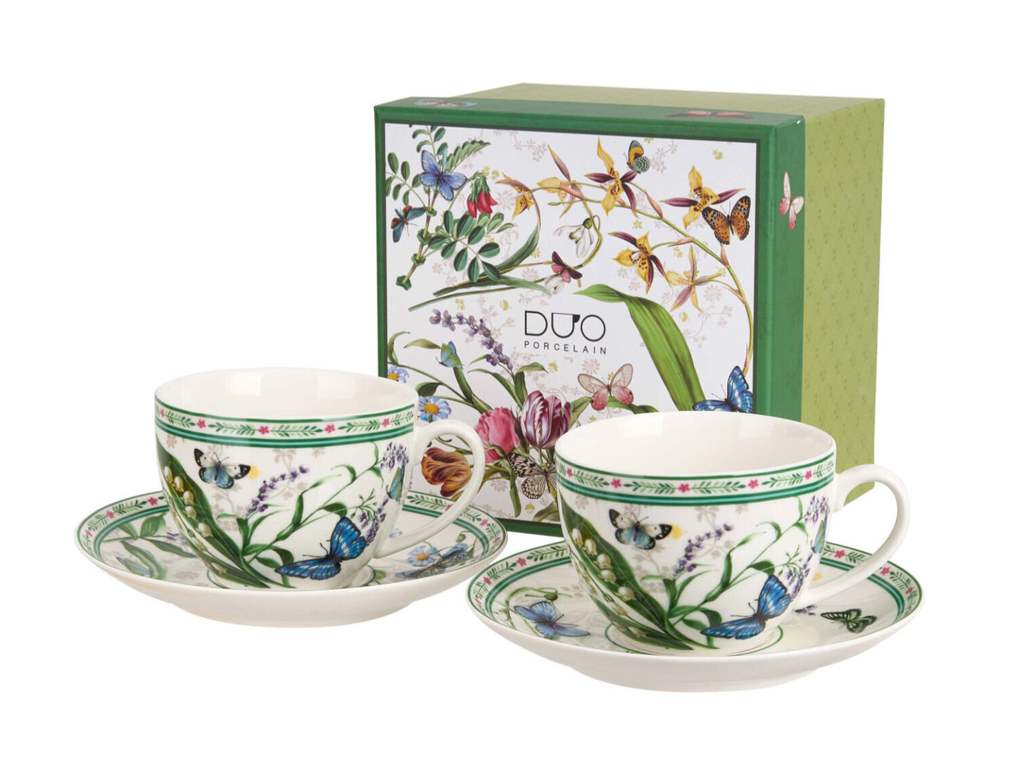 DUO 2er-Set Tassen FLOWER DREAM, 270 ml mit Untertassen, New Bone China Porzellan