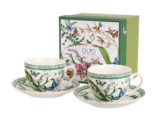 DUO 2er-Set Tassen FLOWER DREAM, 270 ml mit Untertassen, New Bone China Porzellan