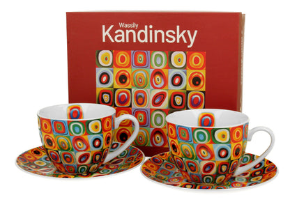 DUO ART GALLERY 2er-Set Tassen 270 ml SQUARES WITH CIRCLES inspired by W. Kandinsky, mit Untertassen, New Bone China…