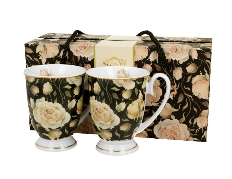 DUO GOLDEN LINE 2er Set Becher mit Fuß 320 ml ENGLISH ROSES BLACK, New Bone China Porzellan – Bild 3