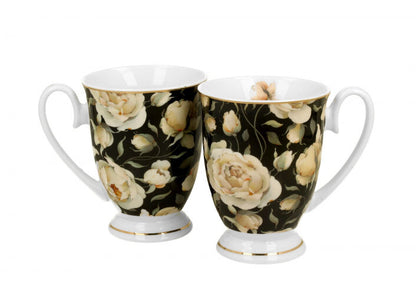 DUO GOLDEN LINE 2er Set Becher mit Fuß 320 ml ENGLISH ROSES BLACK, New Bone China Porzellan