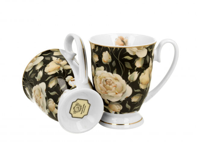DUO GOLDEN LINE 2er Set Becher mit Fuß 320 ml ENGLISH ROSES BLACK, New Bone China Porzellan – Bild 2