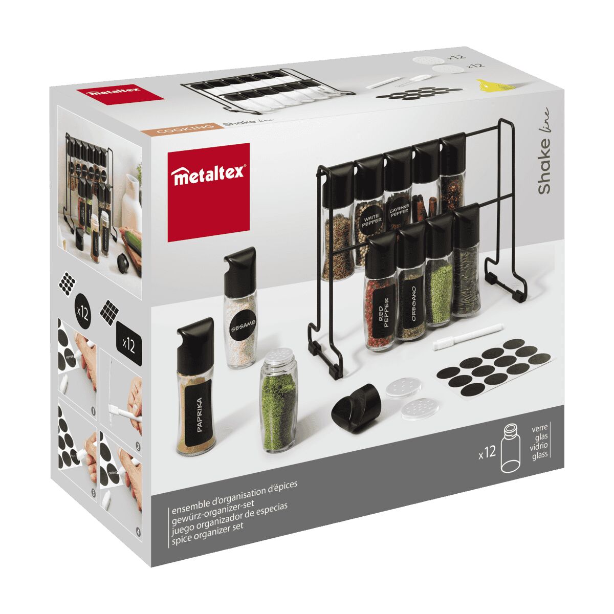 METALTEX 252897000 Gewürzgläser Set - 12 Gläser mit Deckel, Ständer und Zubehör