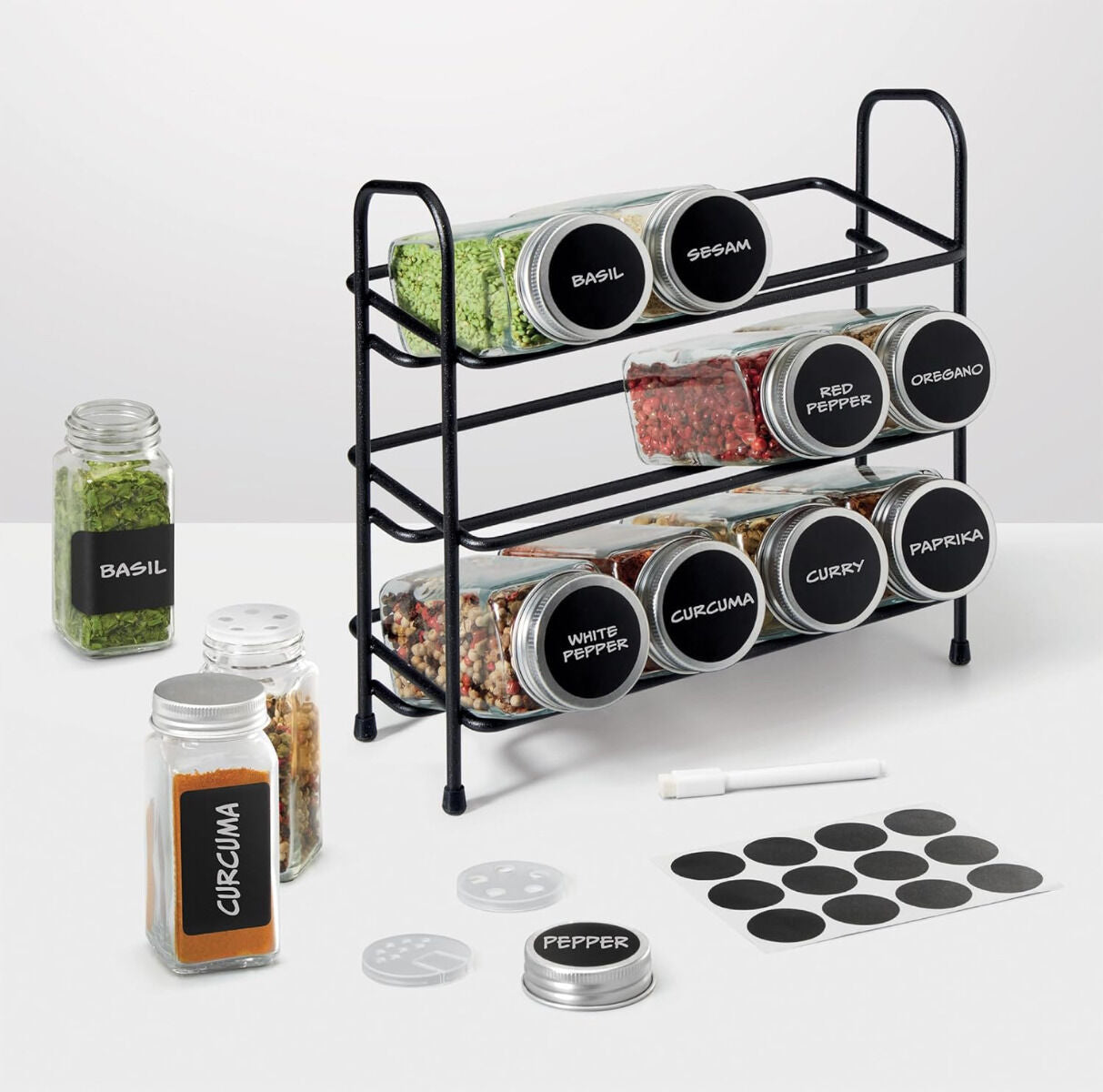 METALTEX 252898000 Gewürzgläser Set - 12 Gläser mit Aluminiumdeckeln, Ständer und Zubehör