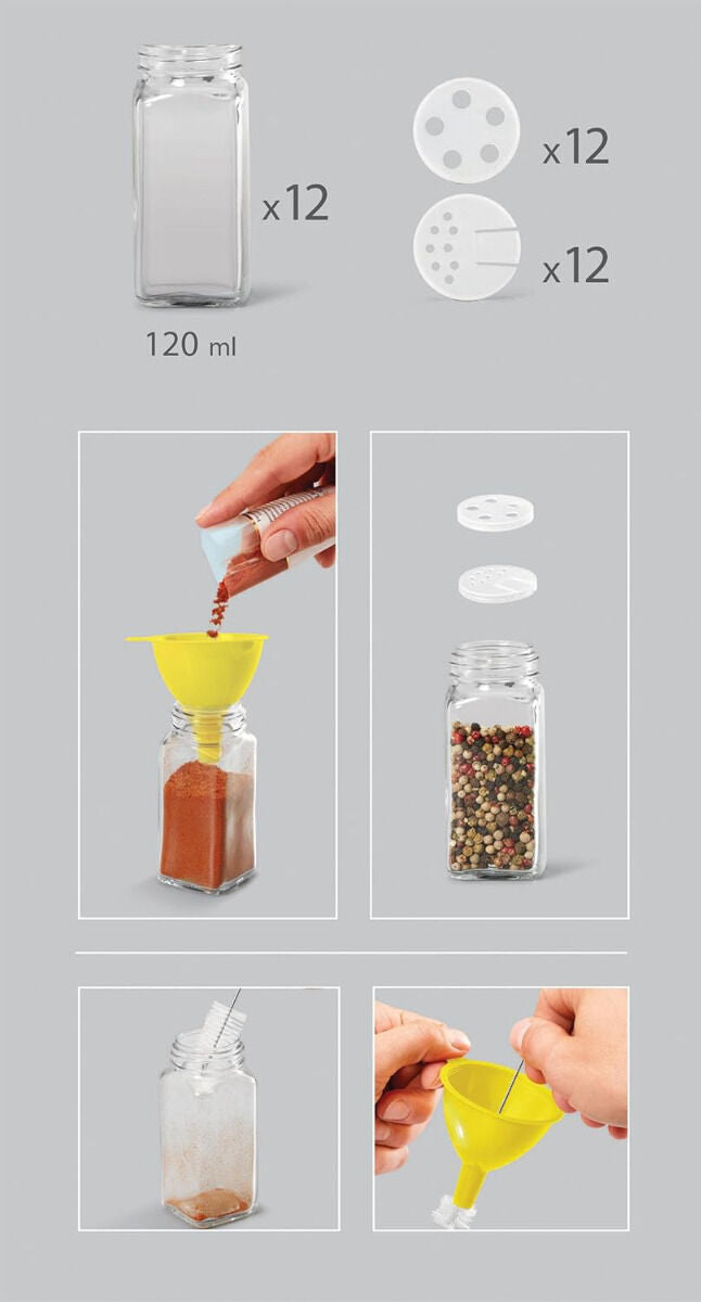 METALTEX 252898000 Gewürzgläser Set - 12 Gläser mit Aluminiumdeckeln, Ständer und Zubehör
