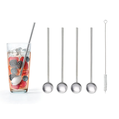 Metaltex 253926000 Trinkhalme & Löffel INOX 4 Stk. mit Reinigungsbürste / Strohhalme / Longdrinklöffel / Cocktaillöffel