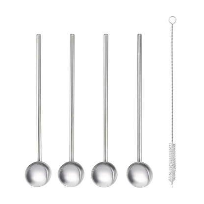 Metaltex 253926000 Trinkhalme & Löffel INOX 4 Stk. mit Reinigungsbürste / Strohhalme / Longdrinklöffel / Cocktaillöffel