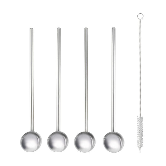 Metaltex 253926000 Trinkhalme & Löffel INOX 4 Stk. mit Reinigungsbürste / Strohhalme / Longdrinklöffel / Cocktaillöffel