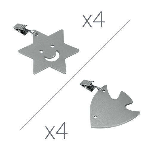 Metaltex 254511010 Tischtuchbommeln Stern oder Fisch 4er-Set, motivisch sortiert, silber