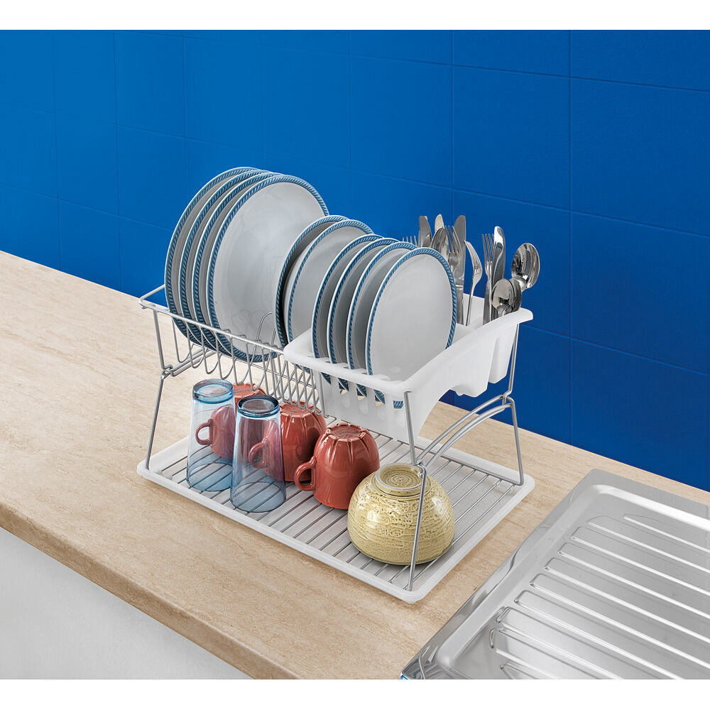 METALTEX Geniustex 45 x 31 x 28 cm - Spülkorb mit Abtropfschale und Bestecksammler, silber/transparent, Polytherm / Geschirrkorb / Abtropfgestell