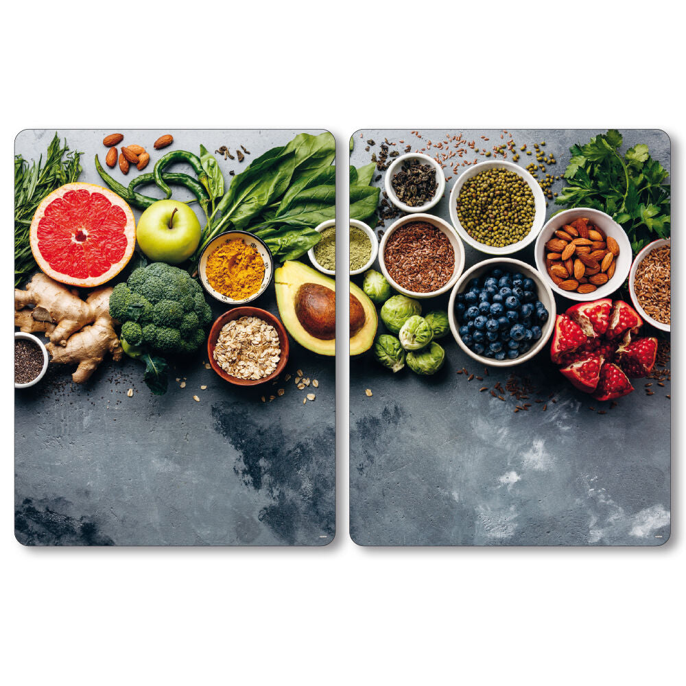 KESPER 3664313 XL Herdabdeckplatte, 2er Set, Motiv HEALTHY KITCHEN / Glasschneidbrett / Kochfeld Abdeckung