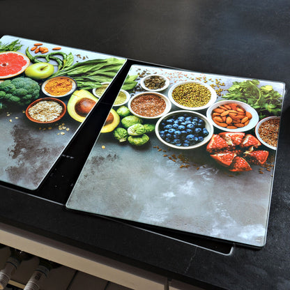 KESPER 3664313 XL Herdabdeckplatte, 2er Set, Motiv HEALTHY KITCHEN / Glasschneidbrett / Kochfeld Abdeckung