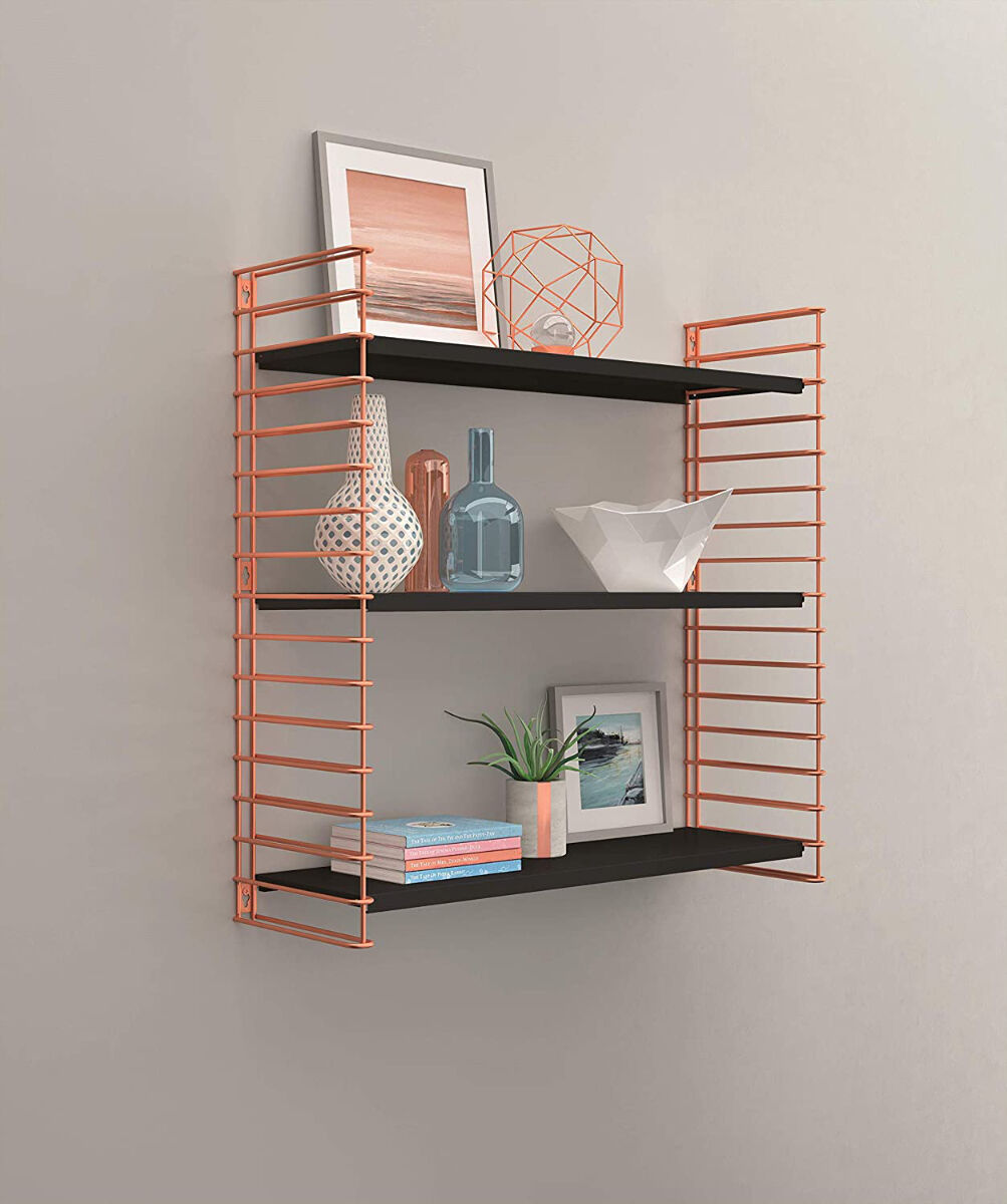 METALTEX 377608341 Bücherregal TOMADO mit 3 schwarzen Böden u. Seitengittern in kupfer / Hängeregal / TOMADO-Regalsystem