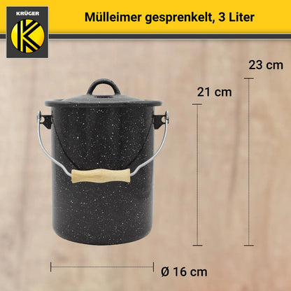 Karl Krüger M3G Mülleimer mit Deckel 3 Liter aus Haushaltemaille in Schwarz­-Weiß gesprenkelt