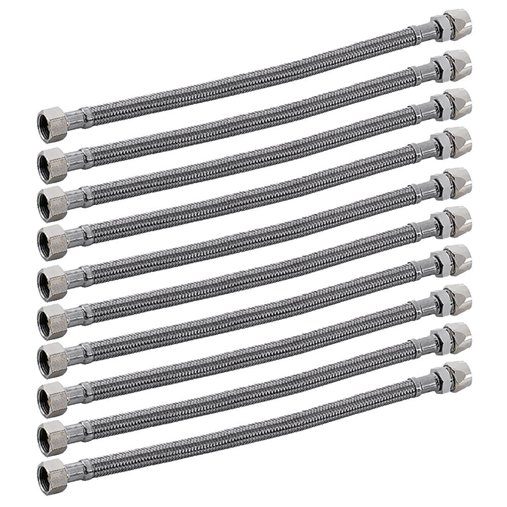 10er SET Flexibler Edelstahlschlauch 500 mm mit 3/8 Zoll Verschraubung und 3/8 Zoll Quetschverbindung /…