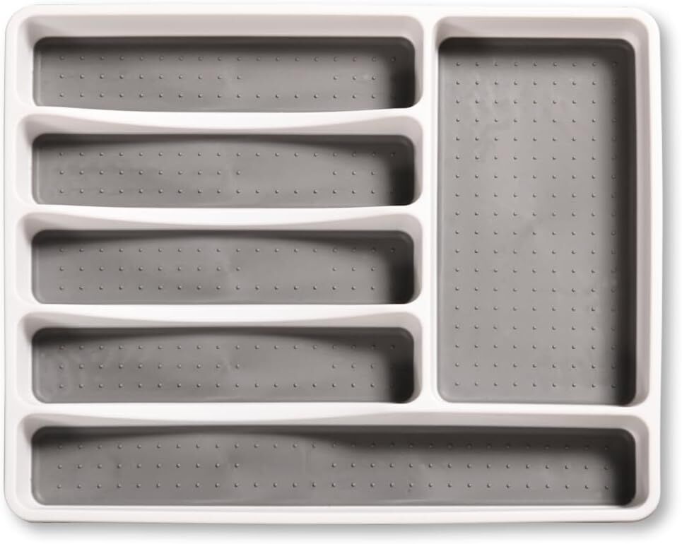 KESPER 30092 Besteckkasten 40,5 x 30,5 x 4,5 cm mit 6-fach Einteilung, PP-Kunststoff, weiß/grau / Besteckeinsatz