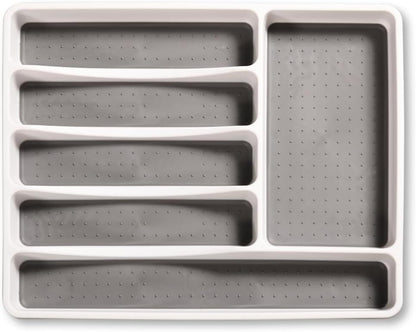 KESPER 30092 Besteckkasten 40,5 x 30,5 x 4,5 cm mit 6-fach Einteilung, PP-Kunststoff, weiß/grau / Besteckeinsatz