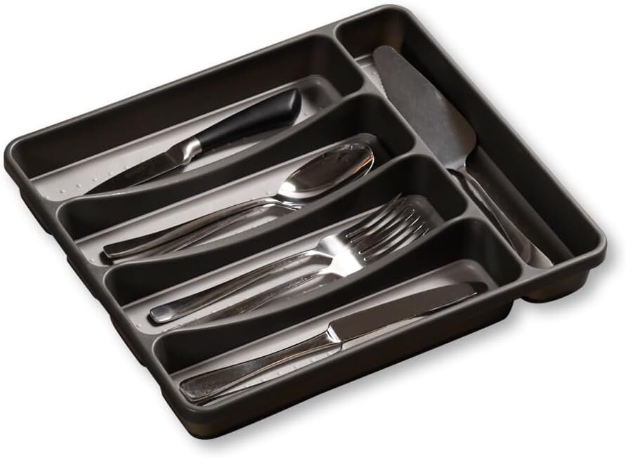 KESPER 30091 Besteckkasten 32,5 x 29,5 x 4,5 cm mit 5-fach Einteilung, PP-Kunststoff, grau / Besteckeinsatz