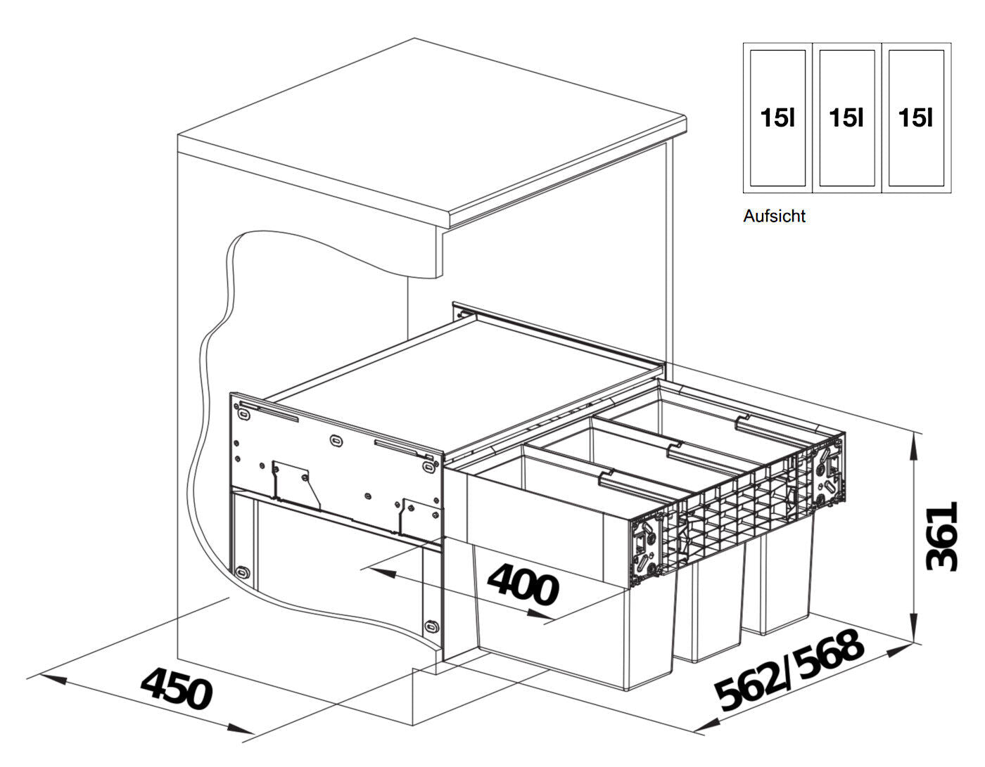 BLANCO 526204 SELECT II 60/3 Abfallsystem 45 (3x 15) Liter für 60 cm Schrankbreite / Frontanbindung – Bild 2