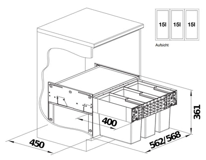 BLANCO 526204 SELECT II 60/3 Abfallsystem 45 (3x 15) Liter für 60 cm Schrankbreite / Frontanbindung – Bild 2