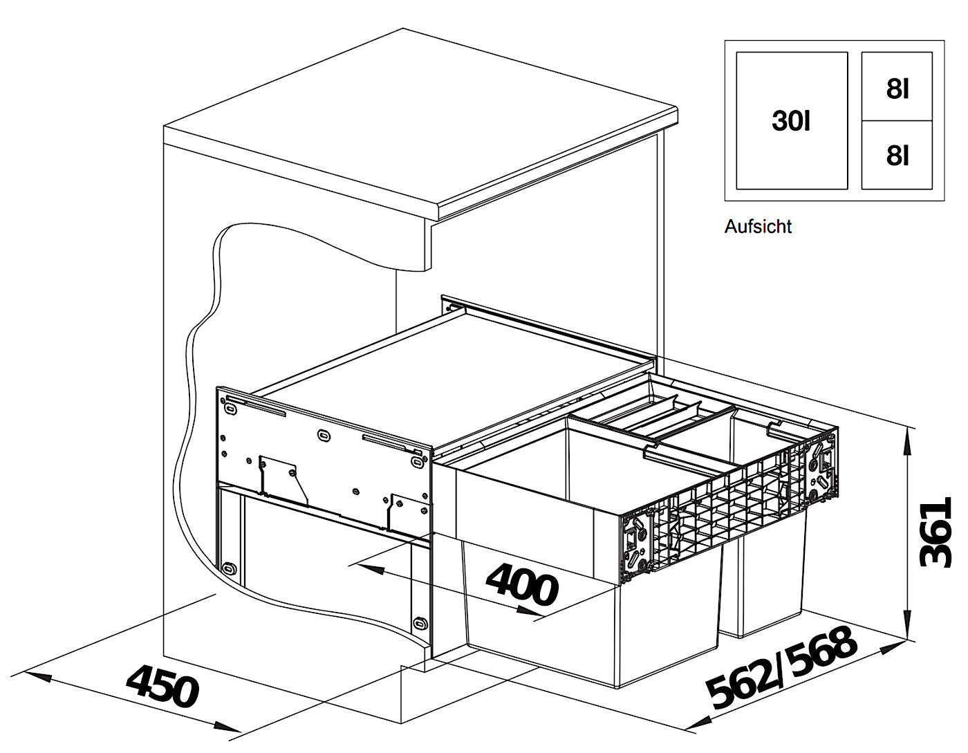 BLANCO 526205 SELECT II XL 60/3 Abfallsystem 46 Liter (1x 30 u. 2x 8) für 60 cm Schrankbreite / Frontanbindung – Bild 2