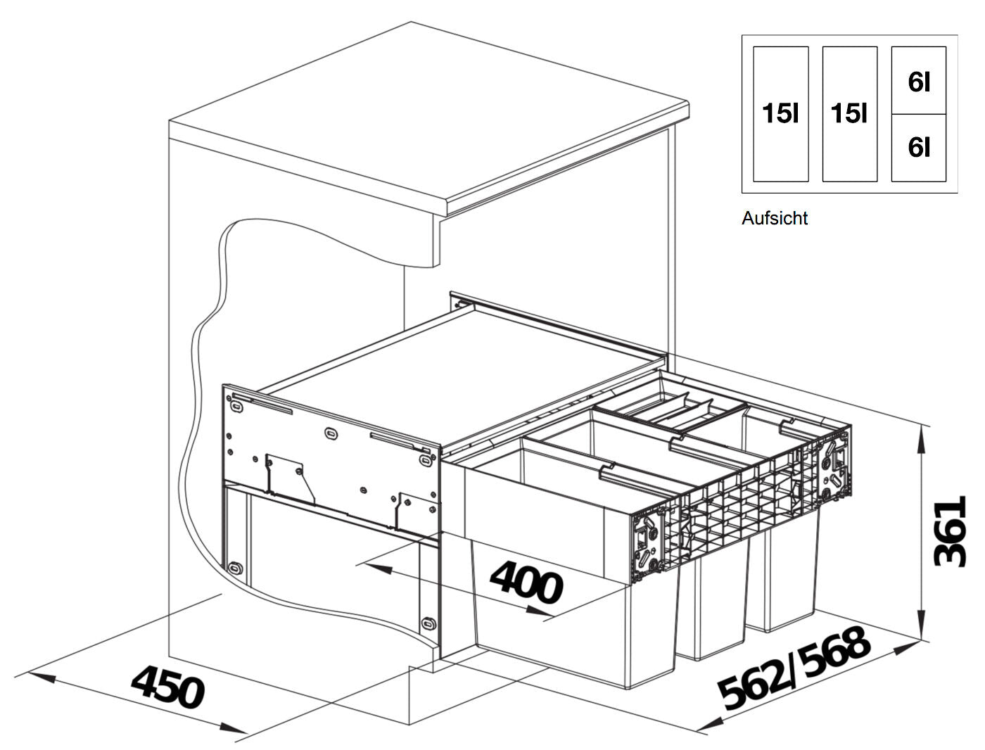 BLANCO 526206 SELECT II 60/4 Abfallsystem 42 Liter (2x 15 u. 2x 6) für 60 cm Schrankbreite / Frontanbindung – Bild 2