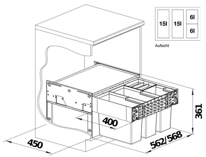 BLANCO 526206 SELECT II 60/4 Abfallsystem 42 Liter (2x 15 u. 2x 6) für 60 cm Schrankbreite / Frontanbindung – Bild 2