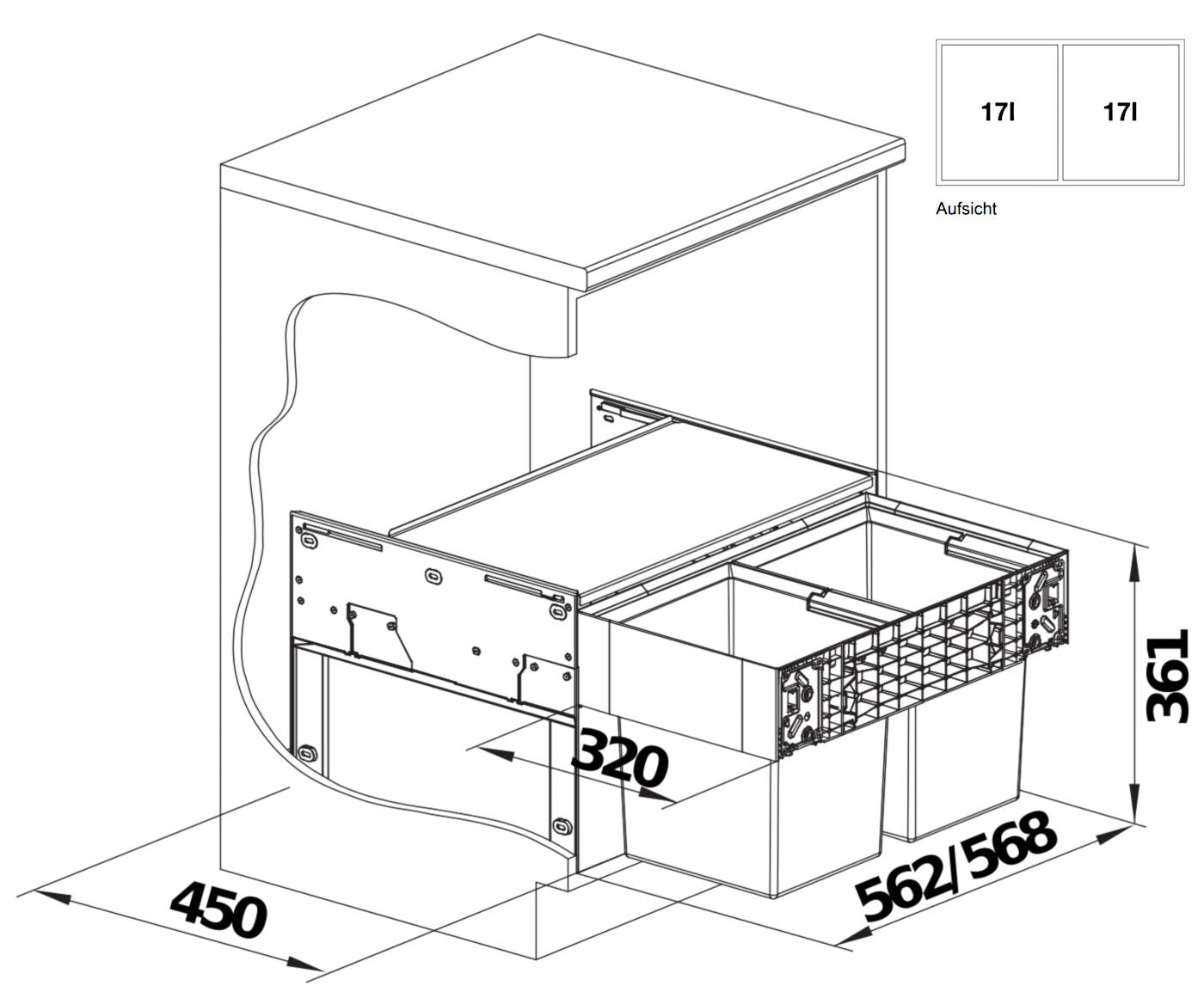 BLANCO 526207 SELECT II COMPACT 60/2 Abfallsystem 34 Liter (2x 17) für 60 cm Schrankbreite / Frontanbindung – Bild 2