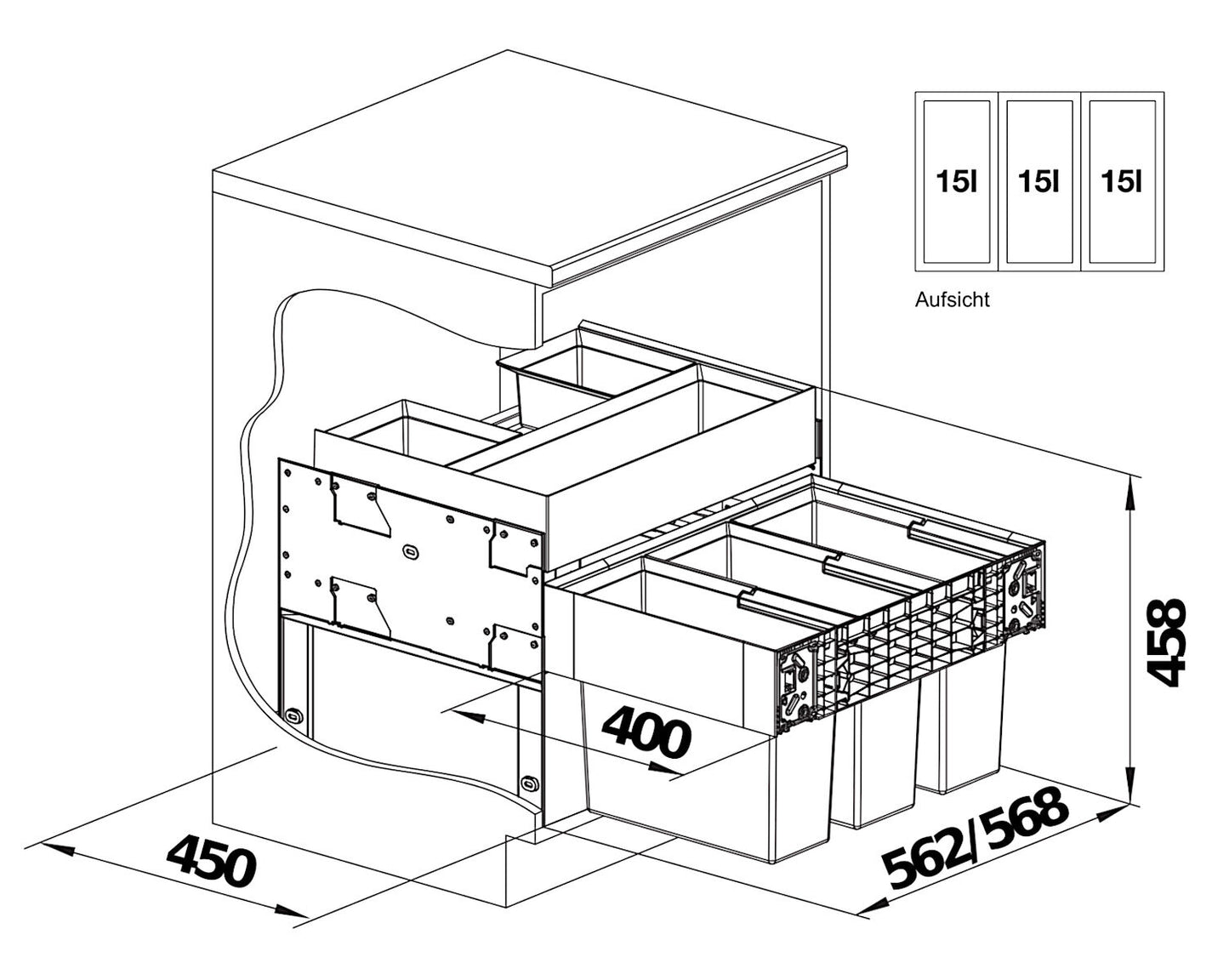 BLANCO 526209 SELECT II 60/3 ORGA Abfallsystem 45 Liter (3x 15) für 60 cm Schrankbreite / Frontanbindung – Bild 2
