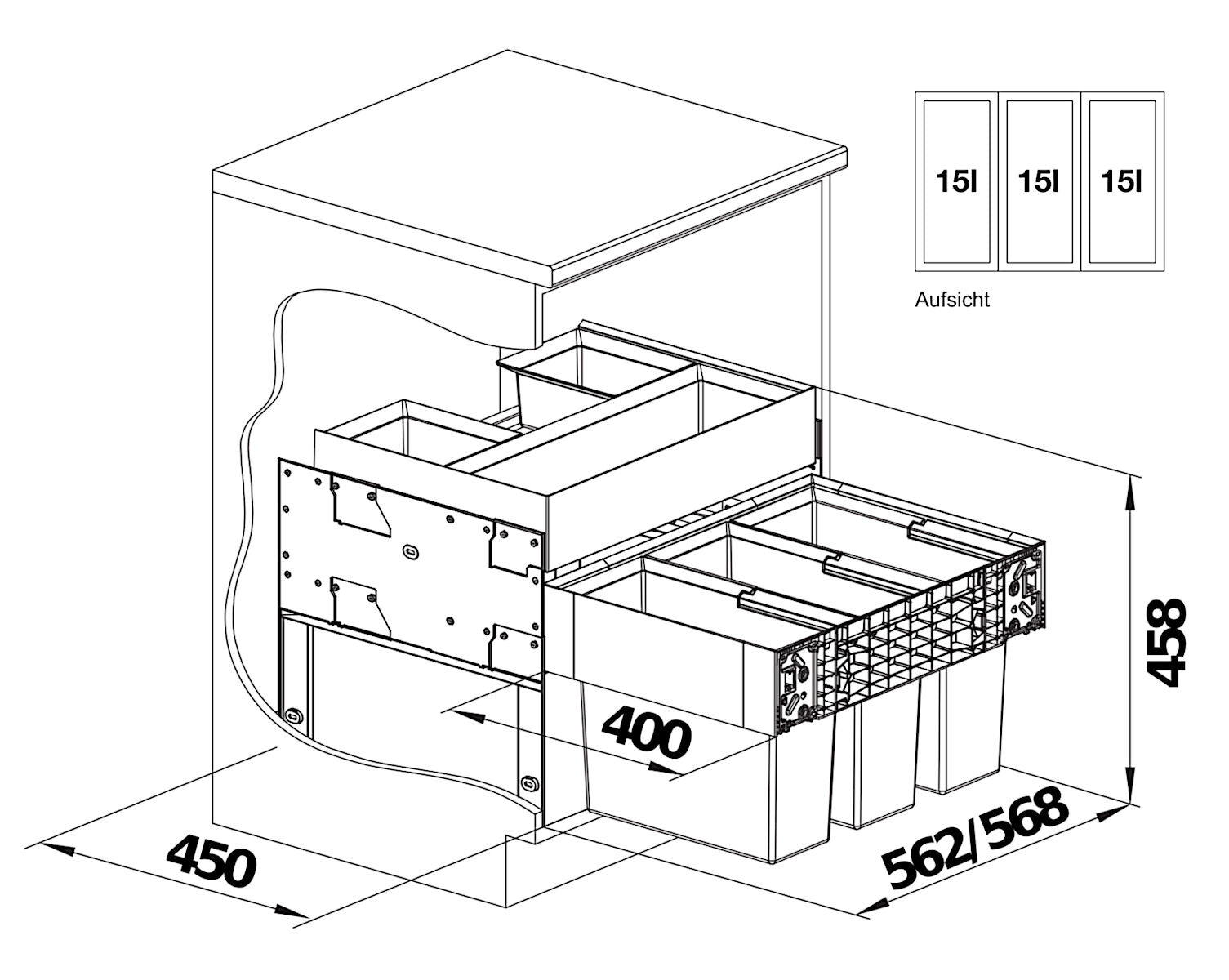 BLANCO 526209 SELECT II 60/3 ORGA Abfallsystem 45 Liter (3x 15) für 60 cm Schrankbreite / Frontanbindung – Bild 2