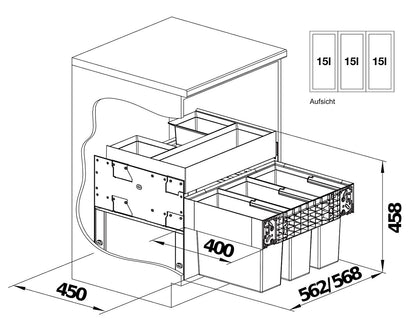 BLANCO 526209 SELECT II 60/3 ORGA Abfallsystem 45 Liter (3x 15) für 60 cm Schrankbreite / Frontanbindung – Bild 2