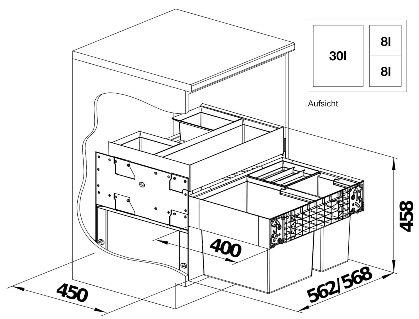 BLANCO 526210 SELECT II XL 60/3 ORGA Abfallsystem 46 Liter (1x 30 u. 2x 8) für 60 cm Schrankbreite / Frontanbindung – Bild 2