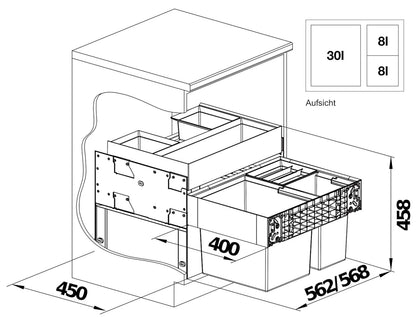 BLANCO 526210 SELECT II XL 60/3 ORGA Abfallsystem 46 Liter (1x 30 u. 2x 8) für 60 cm Schrankbreite / Frontanbindung – Bild 2