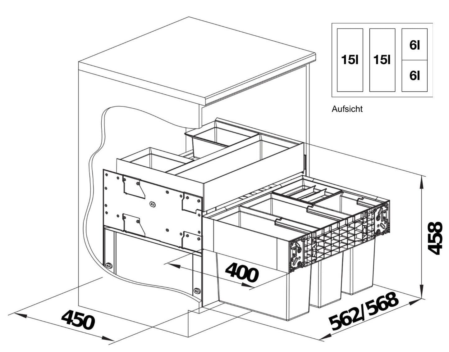 BLANCO 526211 SELECT II 60/4 ORGA Abfallsystem 42 Liter (2x 15 u. 2x 6) für 60 cm Schrankbreite / Frontanbindung – Bild 2