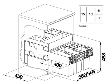 BLANCO 526211 SELECT II 60/4 ORGA Abfallsystem 42 Liter (2x 15 u. 2x 6) für 60 cm Schrankbreite / Frontanbindung – Bild 2