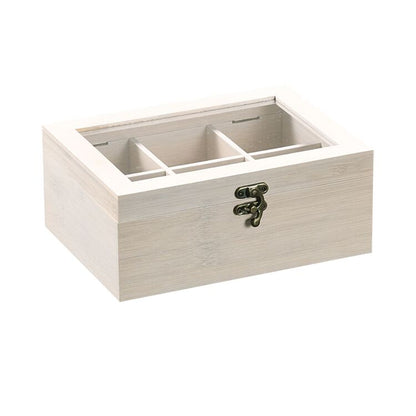 KESPER 57902 Teebox mit 6 Fächern und Sichtfenster aus Bambus, weiß gekälkt / Tee-Box / Teebeutel Box