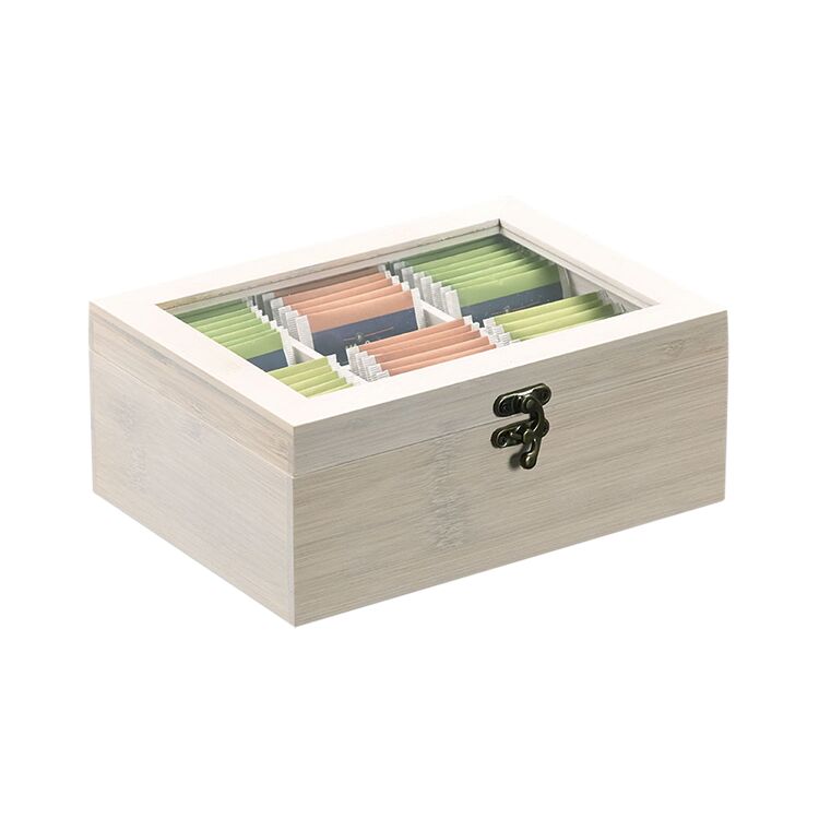 KESPER 57902 Teebox mit 6 Fächern und Sichtfenster aus Bambus, weiß gekälkt / Tee-Box / Teebeutel Box