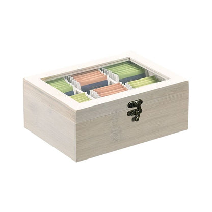KESPER 57902 Teebox mit 6 Fächern und Sichtfenster aus Bambus, weiß gekälkt / Tee-Box / Teebeutel Box