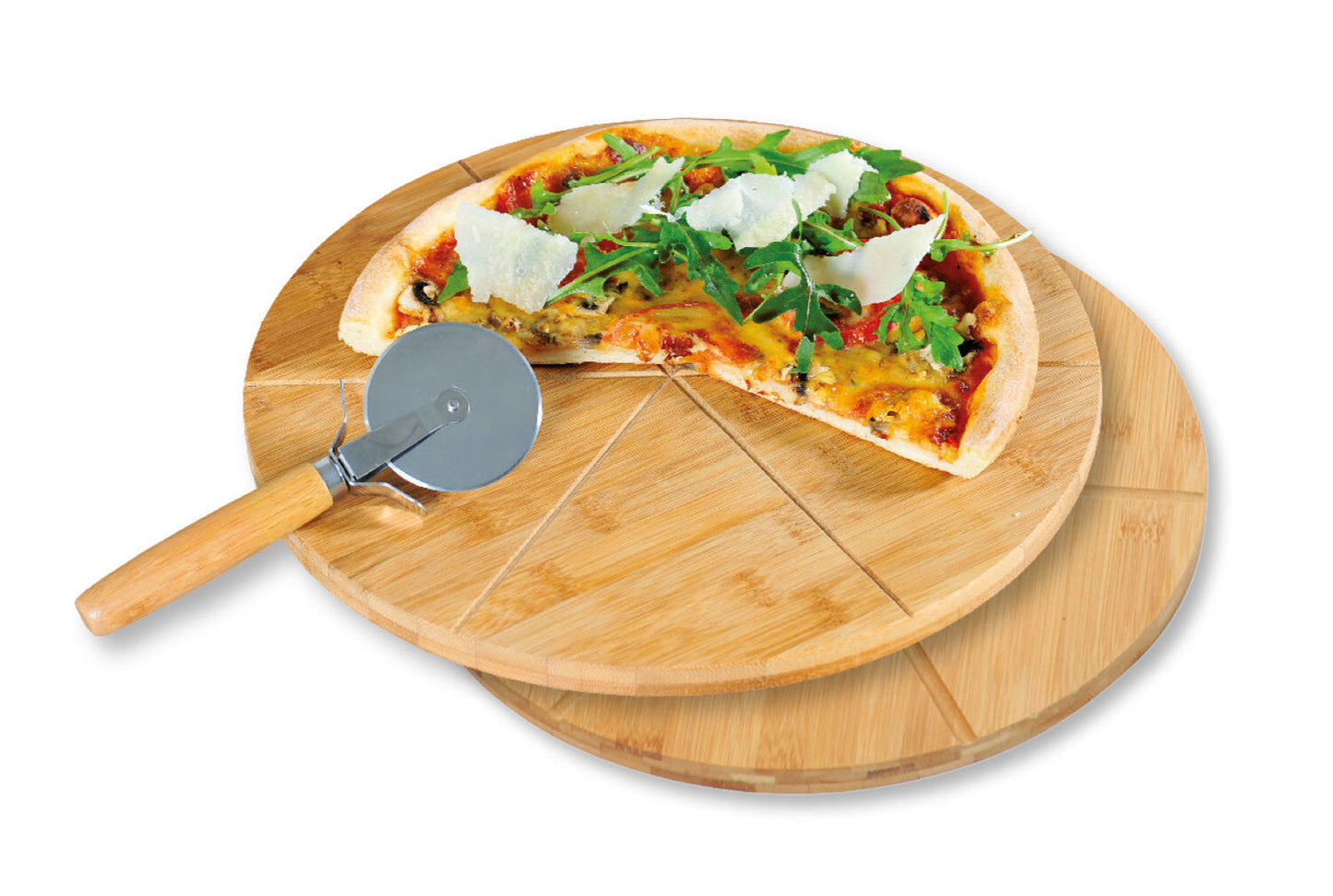 KESPER 58465 Pizzateller 2er Set, 32 cm aus Bambus, mit extra Pizzaschneider / Holzteller