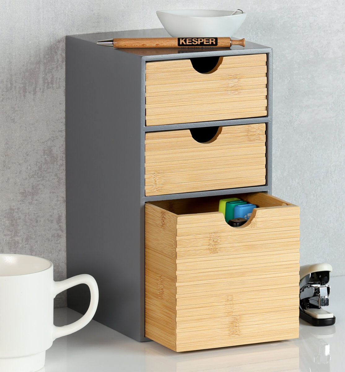 KESPER 58965 Organizer mit 3 Schubladen, grau, FSC / Mini-Kommode