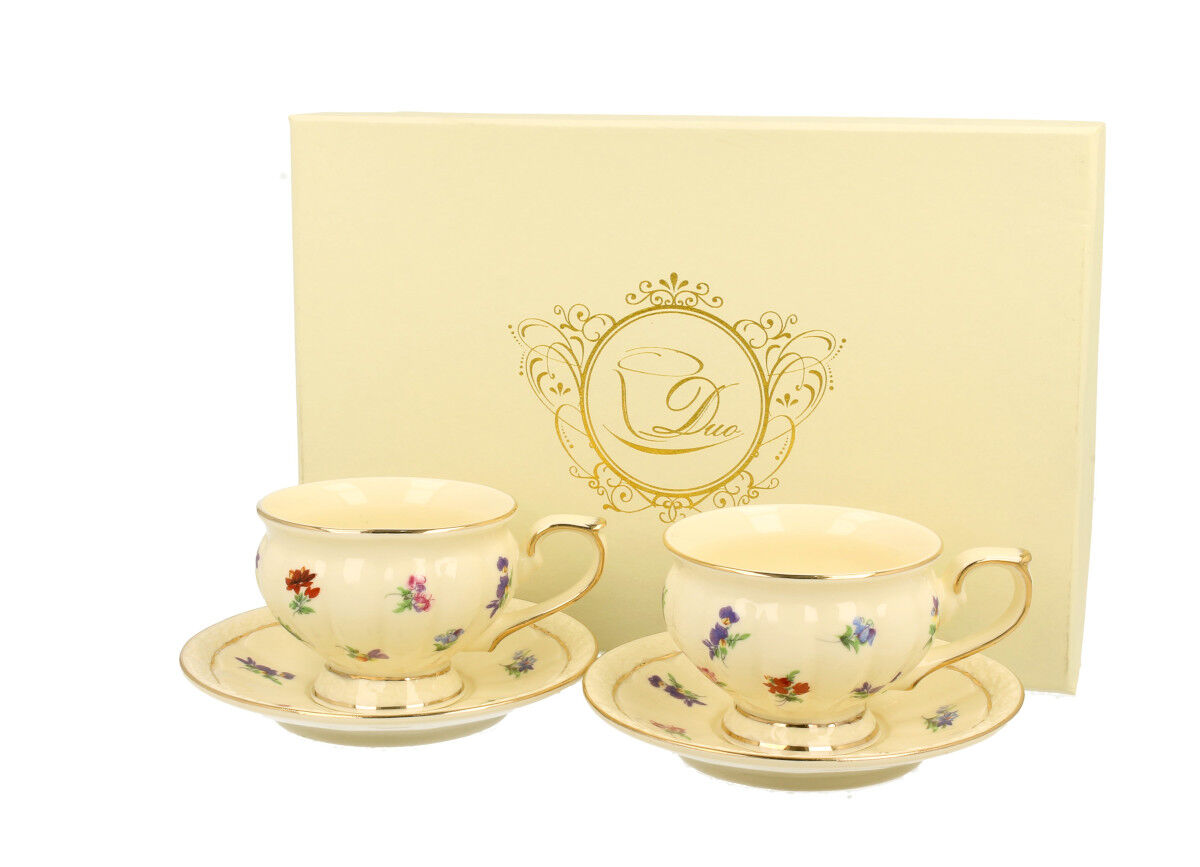 DUO ECRU 2er-Set Espressotassen 120 ml mit Untertassen, New Bone China Porzellan