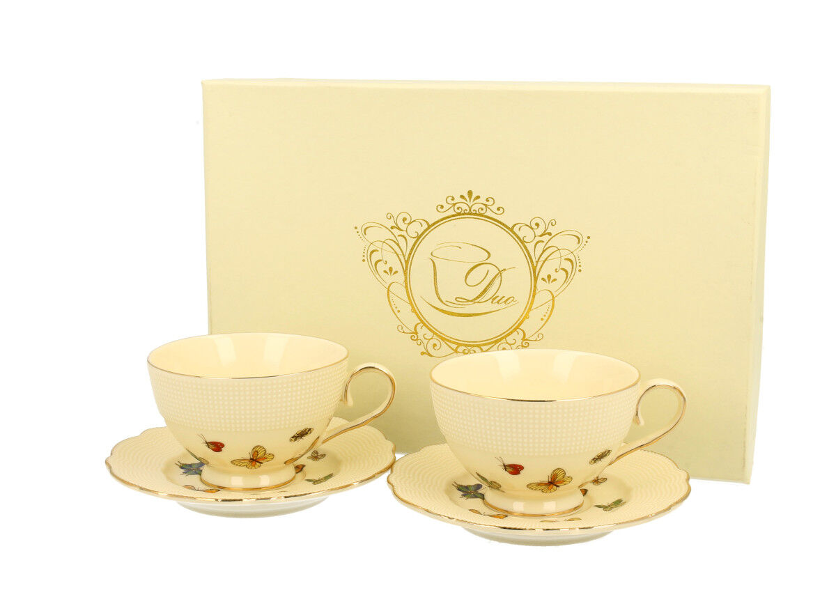 DUO ECRU 2er-Set Espressotassen 125 ml mit Untertassen, New Bone China Porzellan